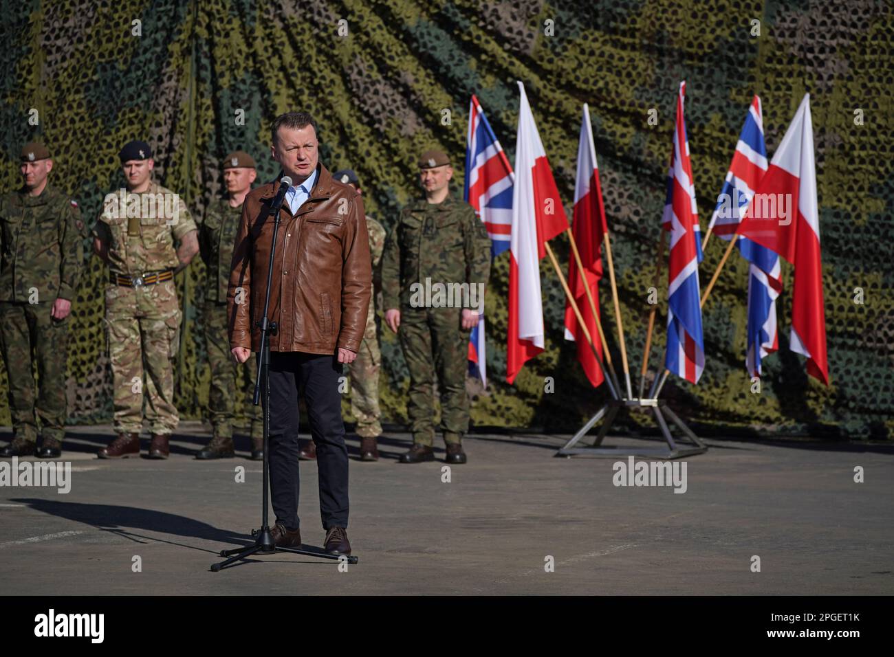 Polish Deputy Prime Minister and Minister of National Defence, Mariusz Blaszczak makes a speech during a visit to the 3rd Brigade Territorial Defence Force base, in Rzeszow, Poland, that has been heavily involved in providing support to Ukraine. Picture date: Wednesday March 22, 2023. Stock Photo