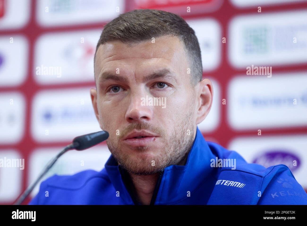 Edin Dzeko of BiH speaks on a press conference at Bilino Polje Stadium ...