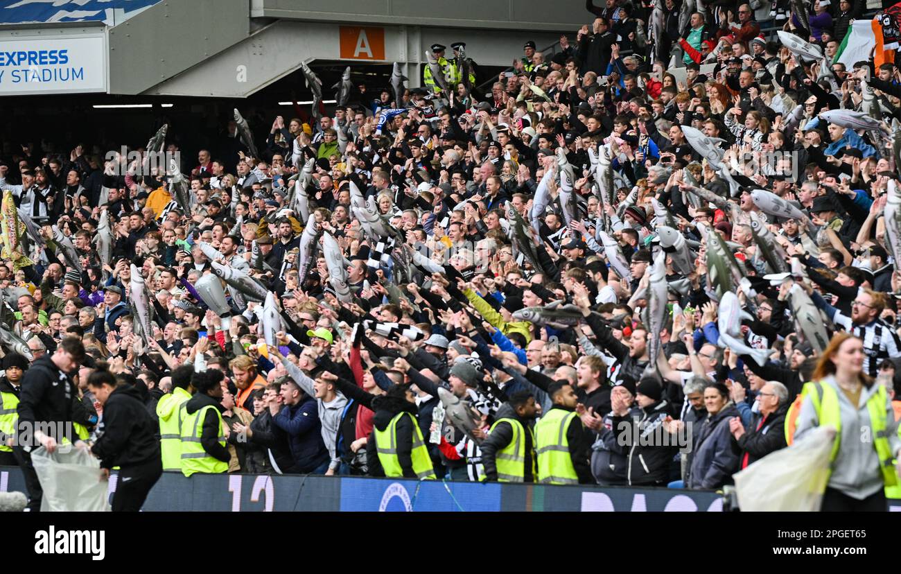 Grimsby fans wave their haddocks during. the Emirates FA Cup quarter final match between Brighton and Hove Albion and Grimsby Town at the American Express Community Stadium  , Brighton UK - 19 March 2023 -  Photo Simon Dack/Telephoto Images Editorial use only. No merchandising. For Football images FA and Premier League restrictions apply inc. no internet/mobile usage without FAPL license - for details contact Football Dataco Stock Photo
