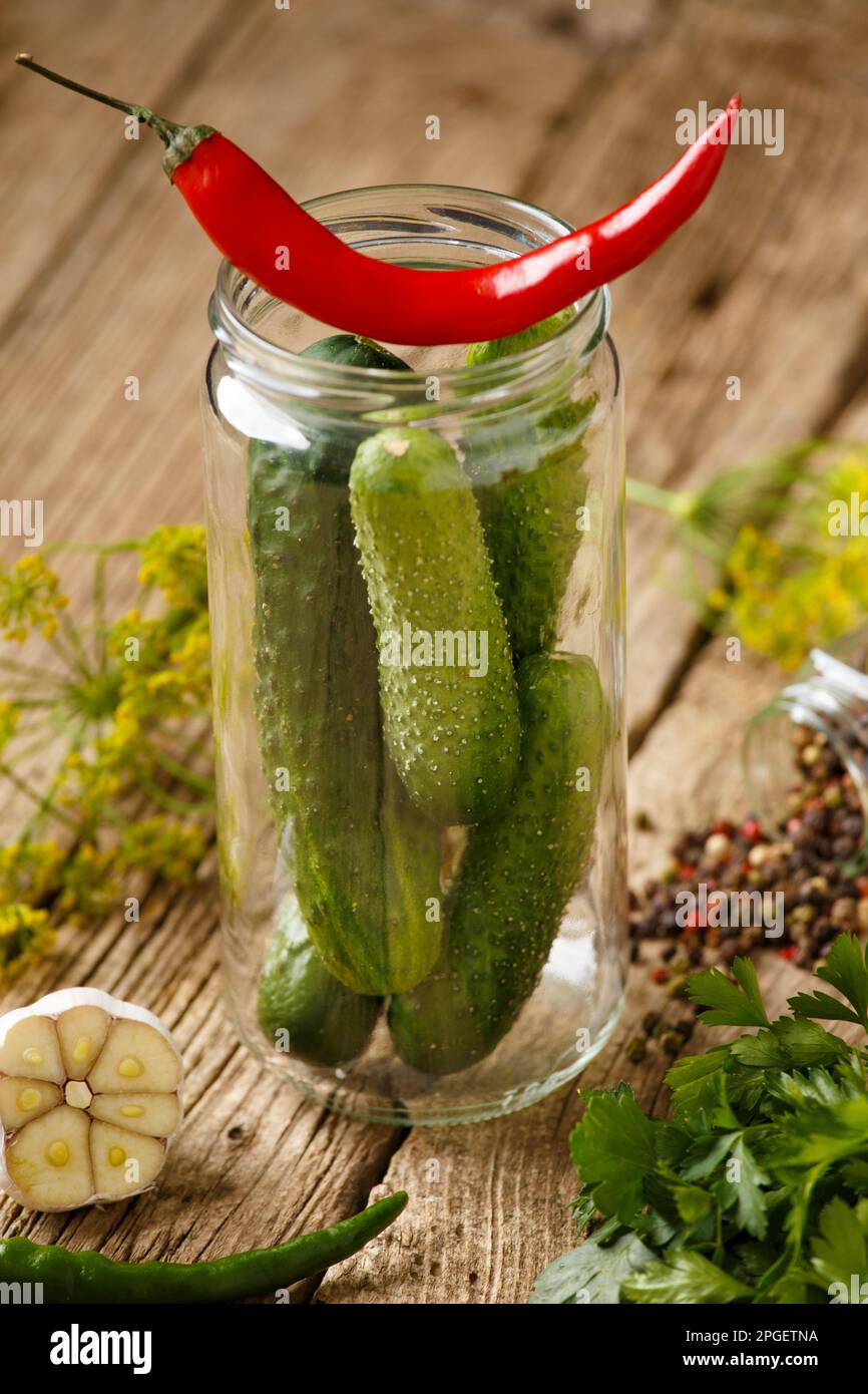 Fresh cucumbers and spices in a jar for home preservation. Gherkins