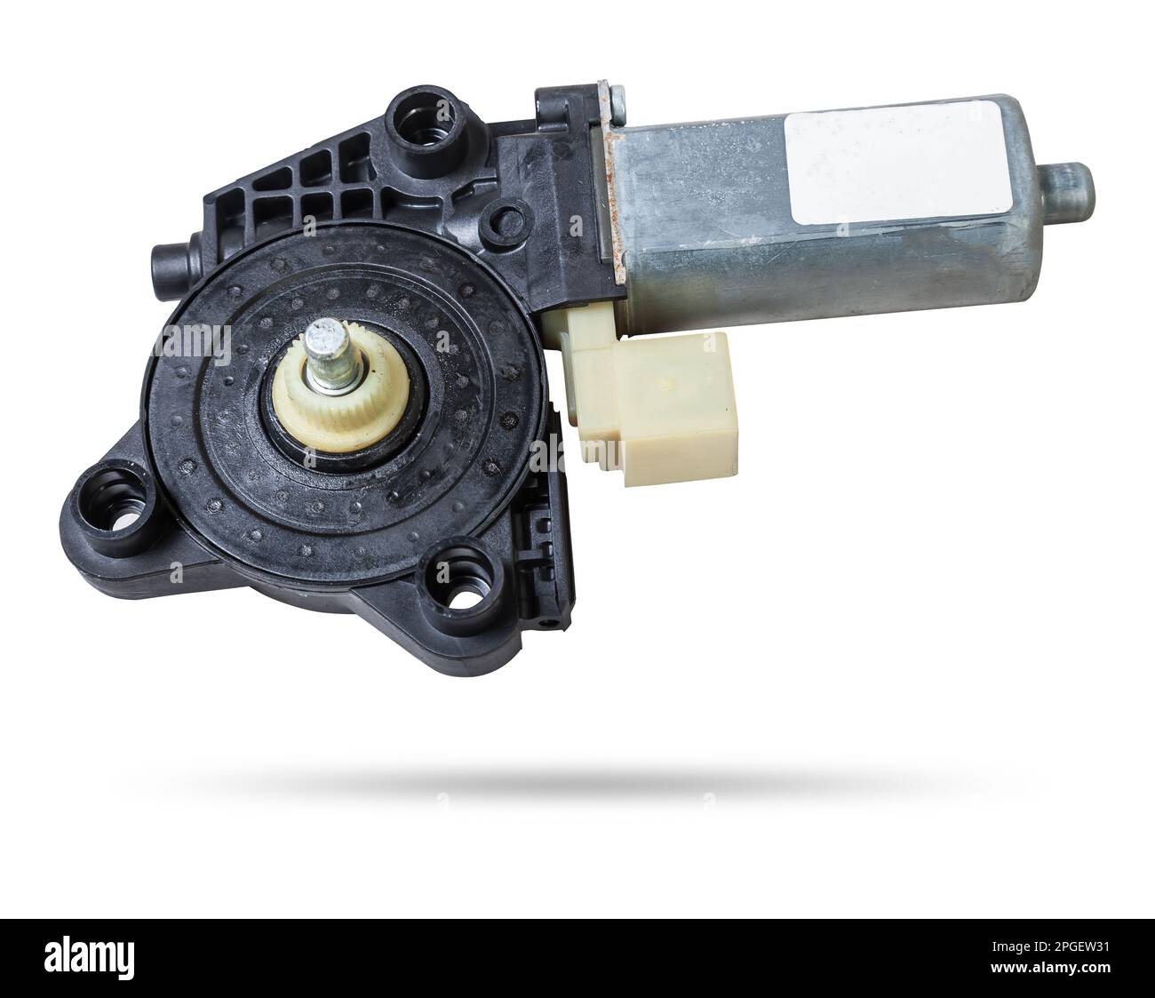 Electric window mechanism motor for a car on a white isolated background. Automotive spare parts
