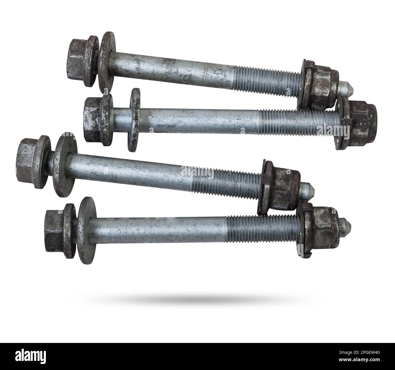 Metal bolts for car suspension chamber wheel isolated on white background Used spare parts from
