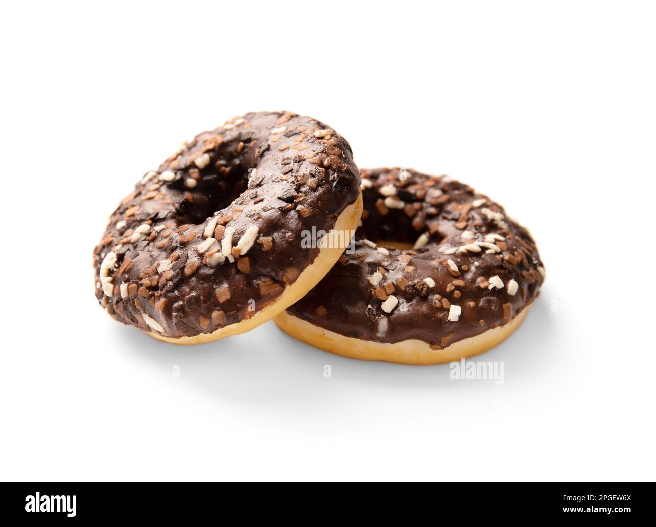 Donuts in chocolate isolated. Sweet breakfast. Dessert. Junk food. Two chocolate donuts on a white background. Stock Photo