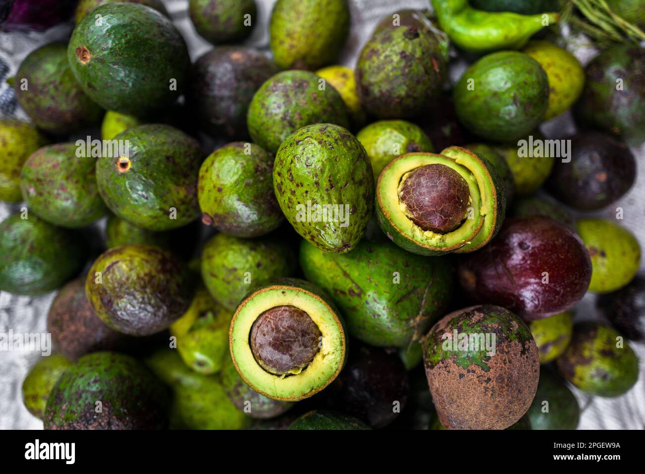 Fresh and ripe avocados are seen piled on the market stand for sale in the street market in Cali, Colombia. Stock Photo
