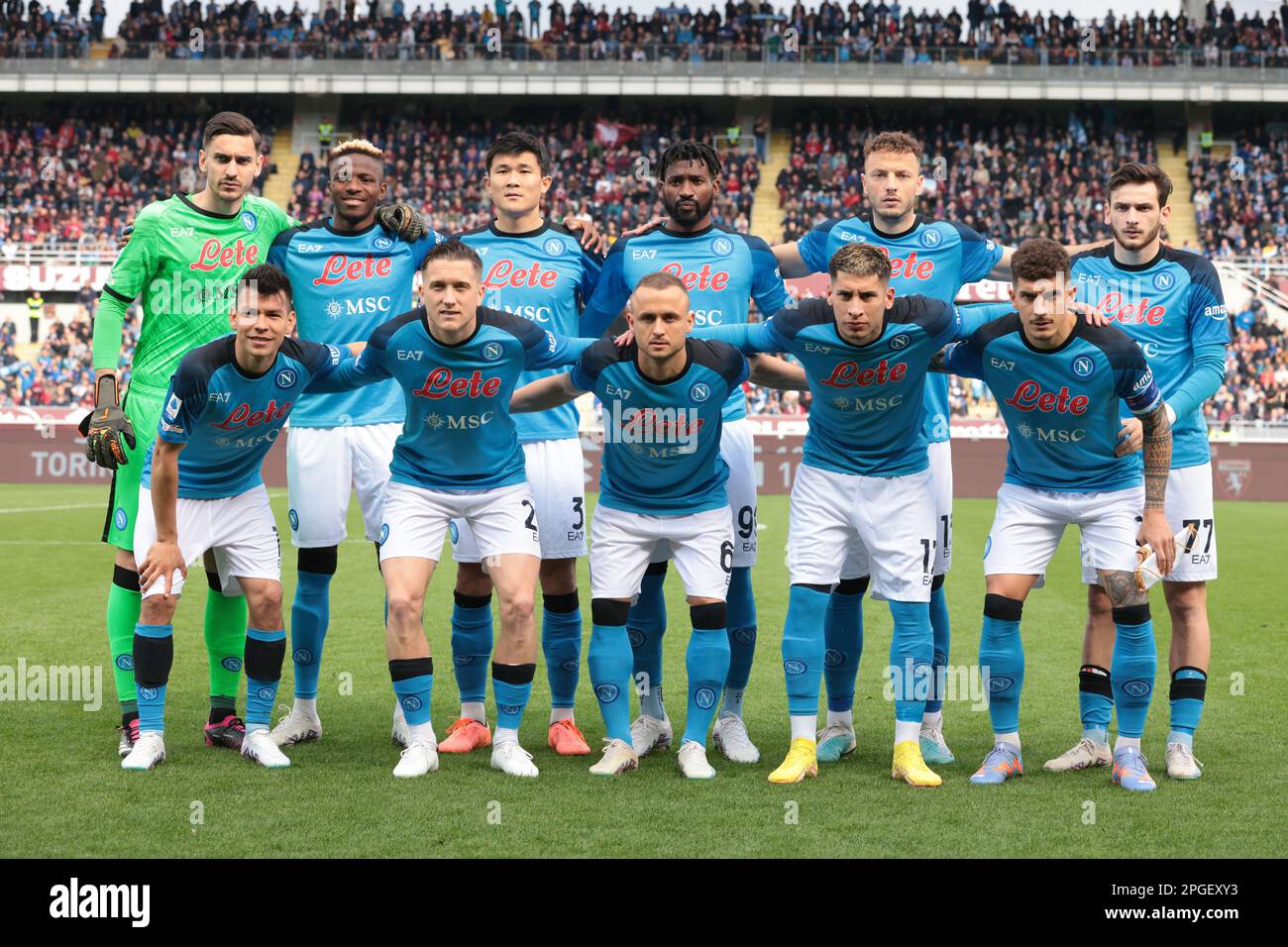 Turin, Italy, 19th March 2023. The SSC Napoli starting eleven line up for a team photo prior to kick off, back row ( L to R ); Alex Meret, Victor Osimhen, Min-Jae Kim, Andre Anguissa, Amir Rrahmani and Khvicha Kvaratskhelia, front row ( L to R ); Hirving Lozano, Piotr Zielinski, Stanislav Lobotka, Mathias Olivera and Giovanni Di Lorenzo, in the Serie A match at Stadio Grande Torino, Turin. Picture credit should read: Jonathan Moscrop / Sportimage Stock Photo