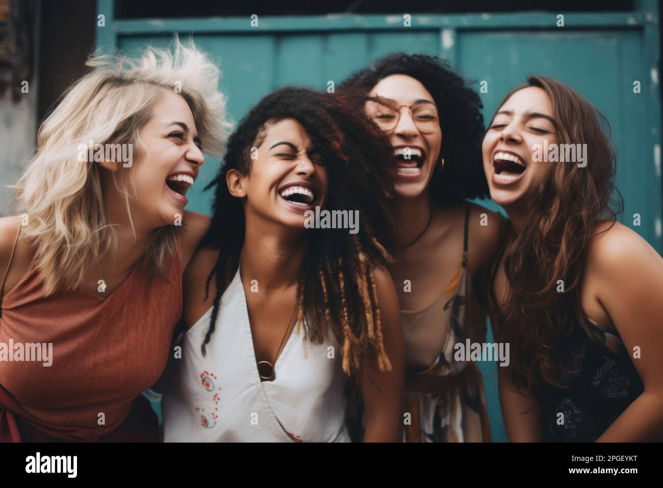 A diverse group of female women friends all laughing and having fun together. Generative ai Stock Photo