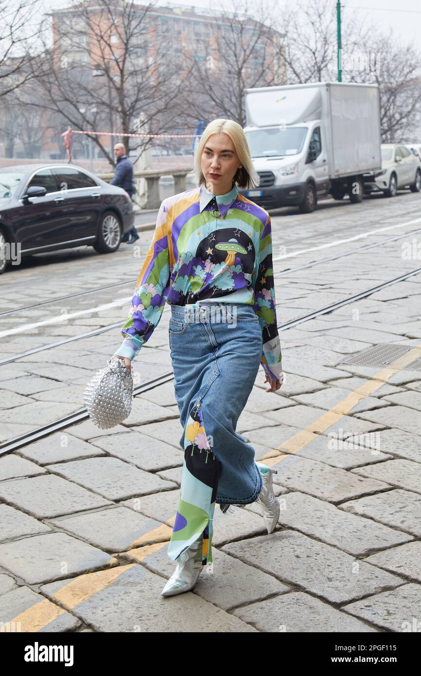 MILAN, ITALY - FEBRUARY 24, 2023: Woman with blue denim Louis