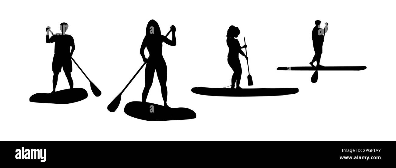 Sup surfers silhouette collection on sup board Stock Vector