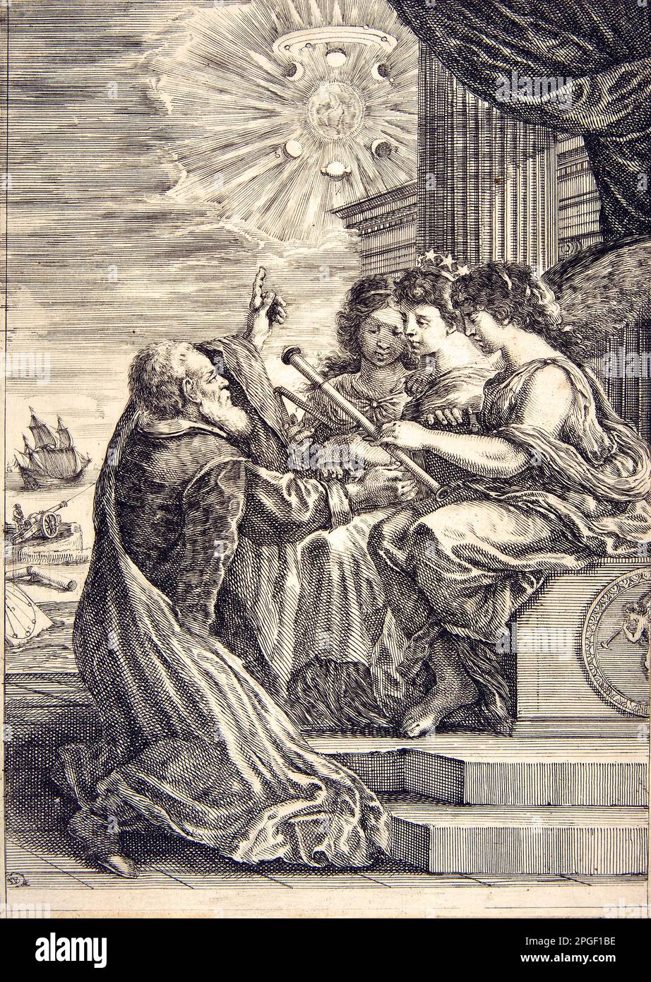 Galileo and personifications of Astronomy, Perspective and Mathematics, frontispiece for 'Opere di Galileo Galilei' by Stefano della Bella  Author Galileo Galilei  1656 Stock Photo