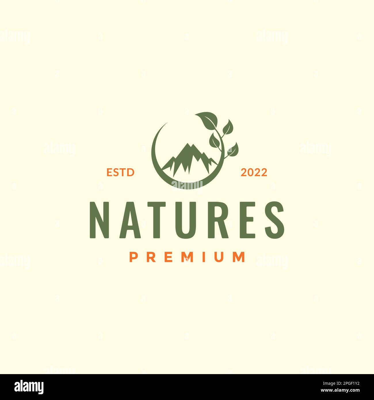 nature mountain peak circle shape leaves outdoor logo design vector Stock Vector