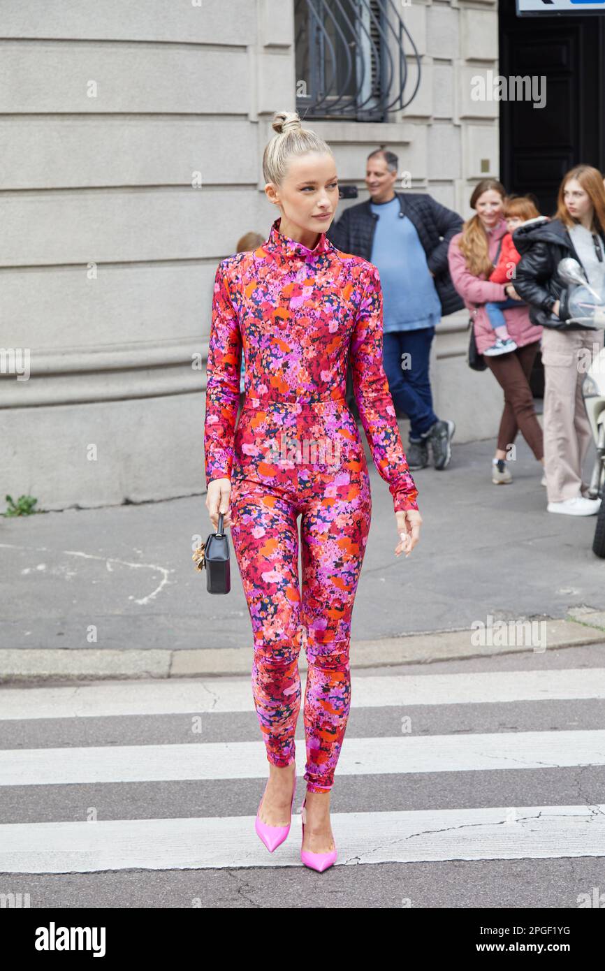 MILAN, ITALY - FEBRUARY 24, 2023: Victoria Magrath before Philosophy by