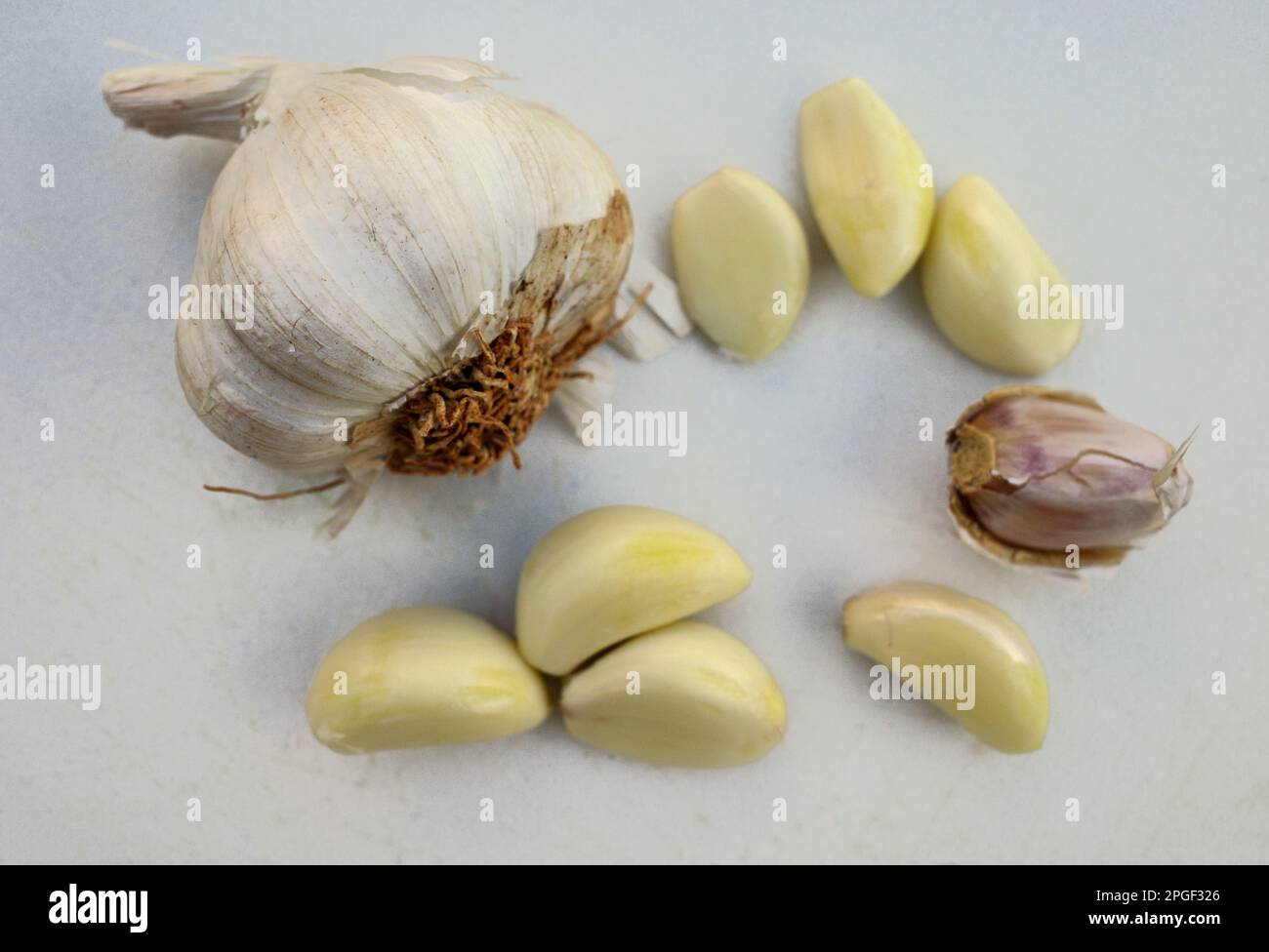 Garlic bulb, unpeeled clove and peeled cloves on a white cutting board