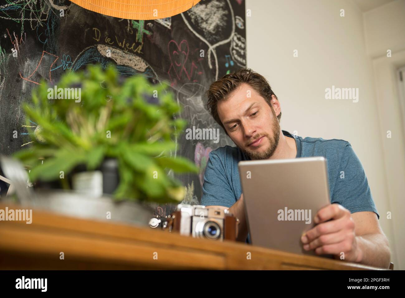 Man using digital tablet in dining room, Munich, Bavaria, Germany Stock Photo