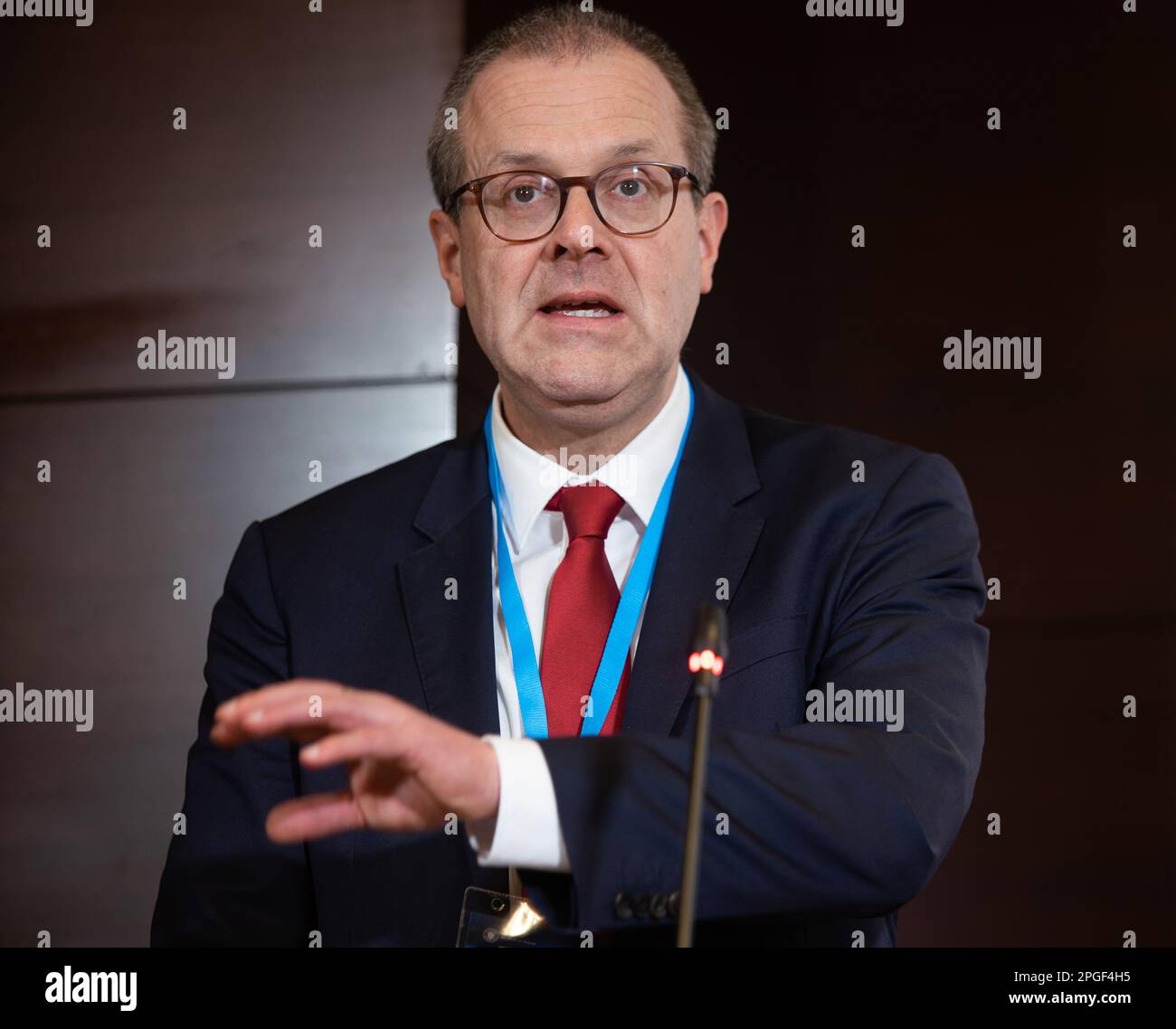 Bucharest, Romania. 22nd Mar, 2023: Hans Kluge, WHO Regional Director for Europe, speaks during a press conference at WHO Europe high-level regional meeting on health and care workforce: Time to act, held in Bucharest. Credit: Lucian Alecu/Alamy Live News Stock Photo