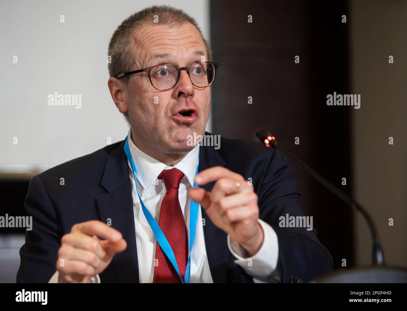 Bucharest, Romania. 22nd Mar, 2023: Hans Kluge, WHO Regional Director for Europe, speaks during a press conference at WHO Europe high-level regional meeting on health and care workforce: Time to act, held in Bucharest. Credit: Lucian Alecu/Alamy Live News Stock Photo