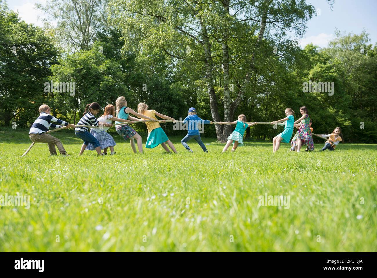 Group of children playing tug-of-war in a park, Munich, Bavaria, Germany Stock Photo