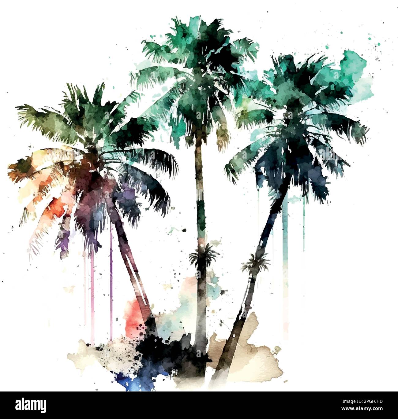 Vector watercolor illustration of a silhouette of palm trees