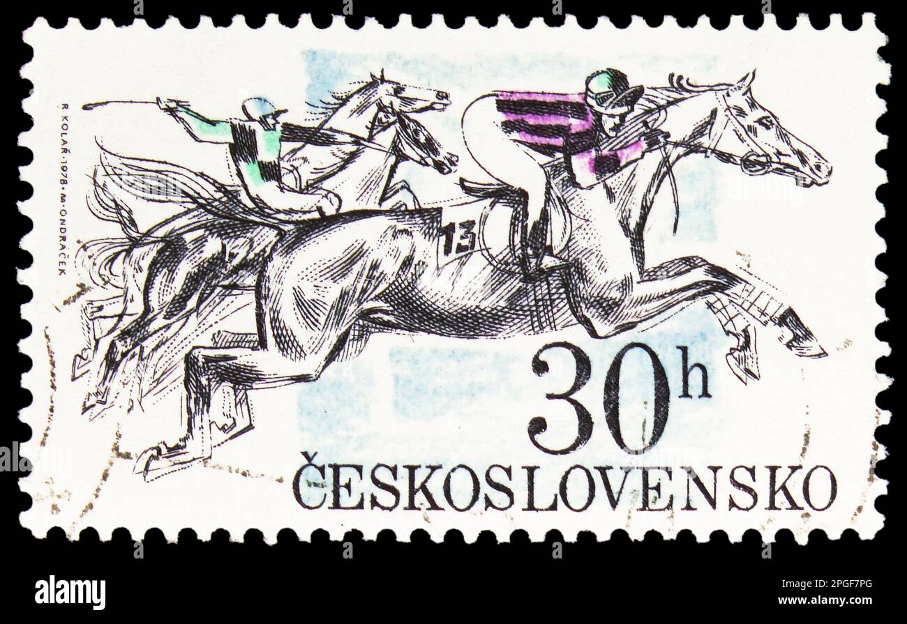 MOSCOW, RUSSIA - MARCH 16, 2023: Postage stamp printed in Czechoslovakia shows Racing Horses, Pardubice Steeplechase serie, circa 1978 Stock Photo
