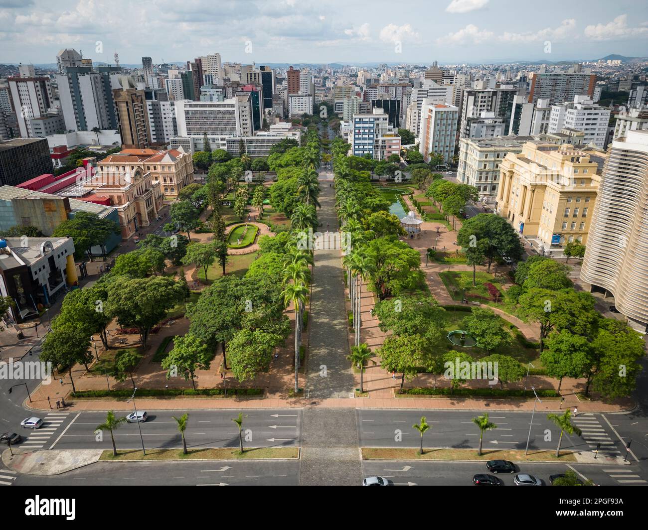 Beautiful drone view to buildings and green public square Stock Photo