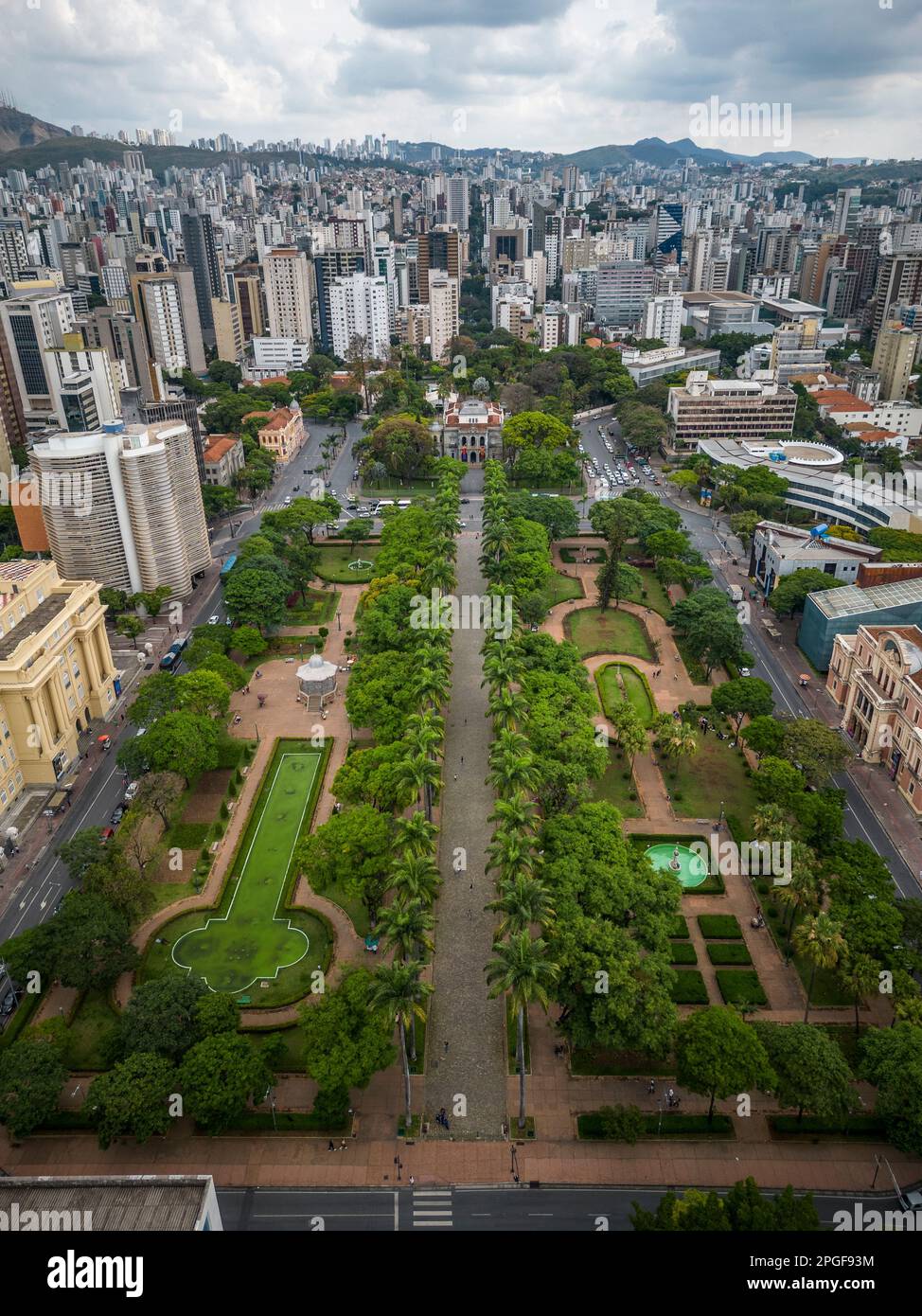 Beautiful drone aerial view to buildings and green public square Stock Photo