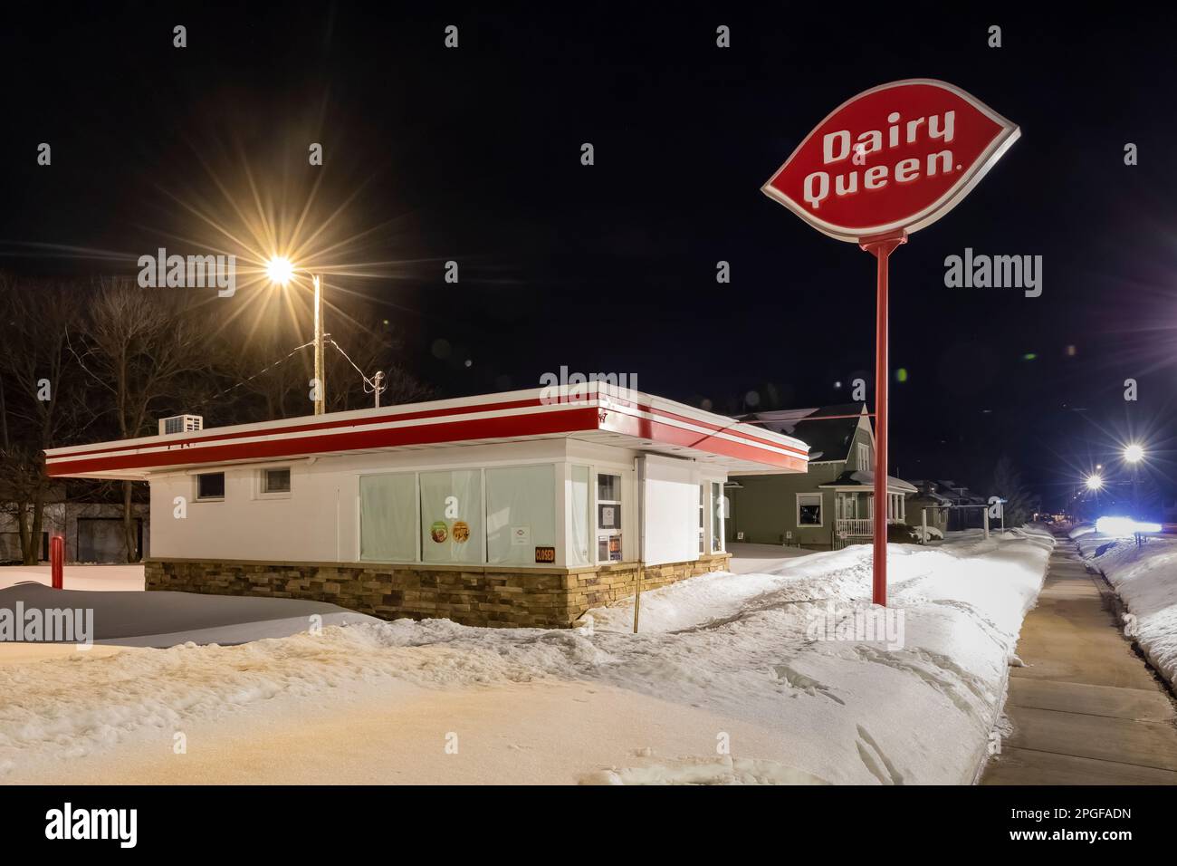 Dairy Queen, closed for the winter, in Munising, Upper Peninsula, Michigan, USA [No property release; editorial licensing only] Stock Photo