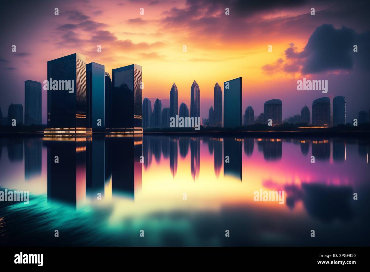 Panorama of a modern city at sunset with reflection in the water Stock ...