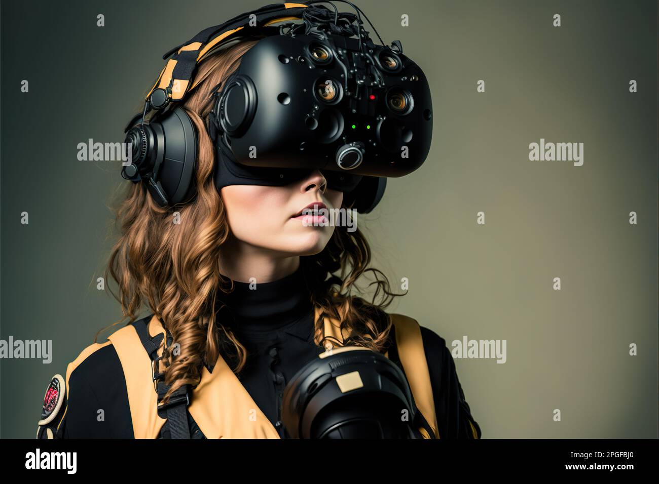 studio shot of a young woman wearing a VR device Stock Photo