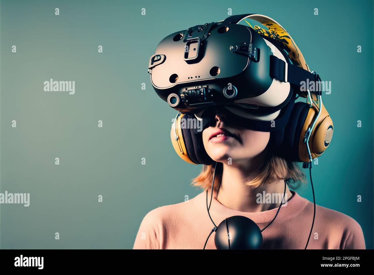 studio shot of a young woman wearing a VR device Stock Photo