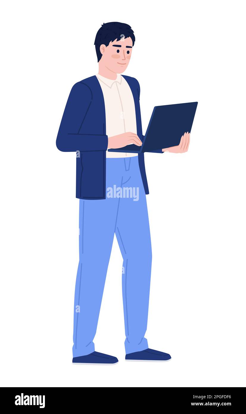 Working man with laptop semi flat color vector character Stock Vector