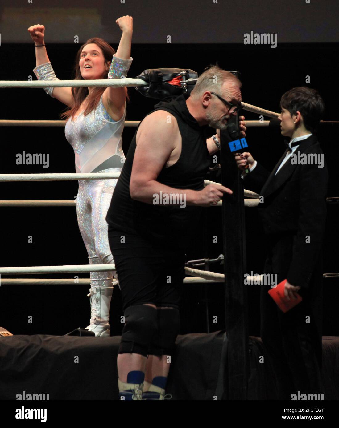 London, UK. Greg Davies and Rosie Jones in Max and Ivan’s The Wrestling ...