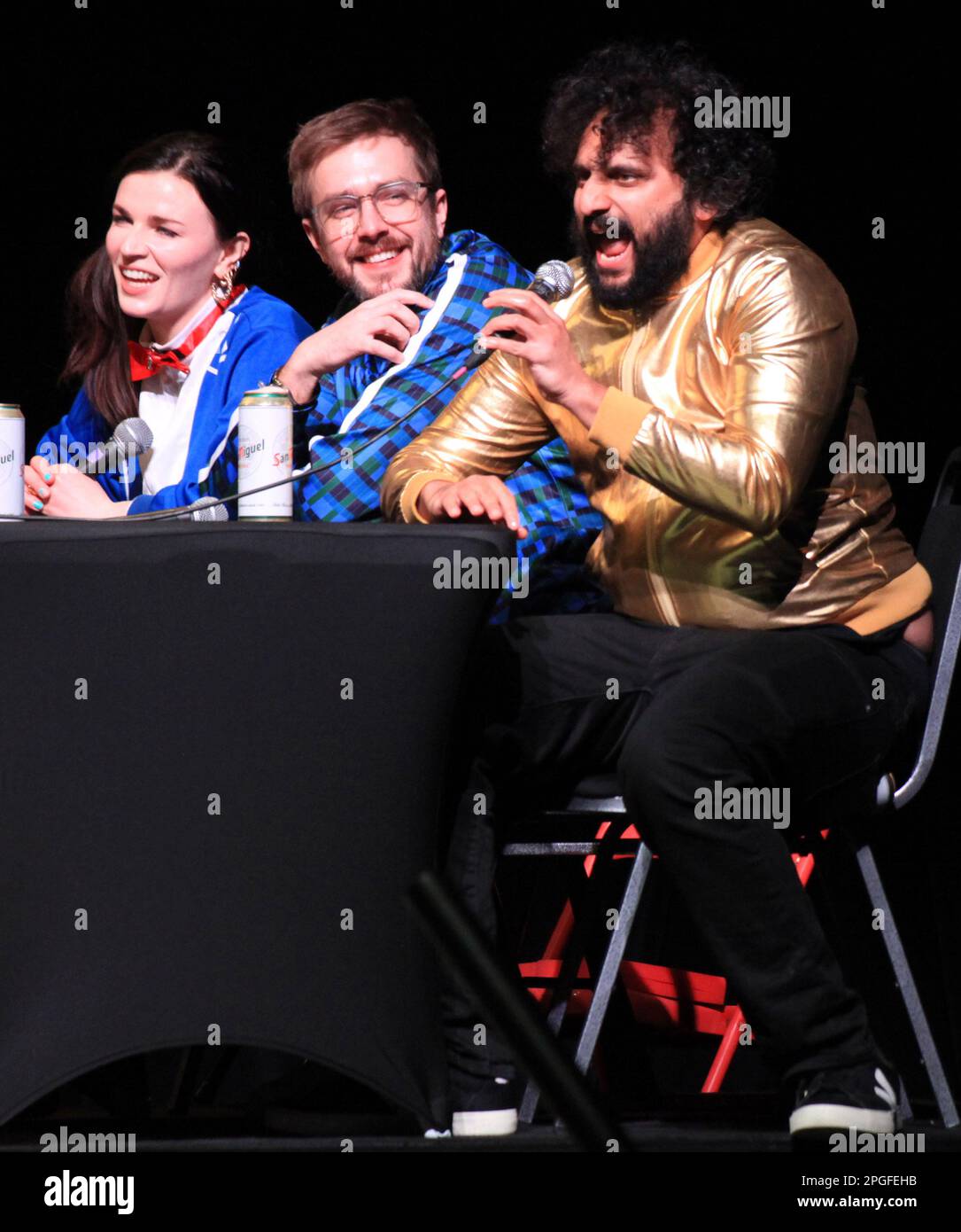 London, UK. Aisling Bea, Iain Stirling and Nish Kumar in Max and Ivan’s