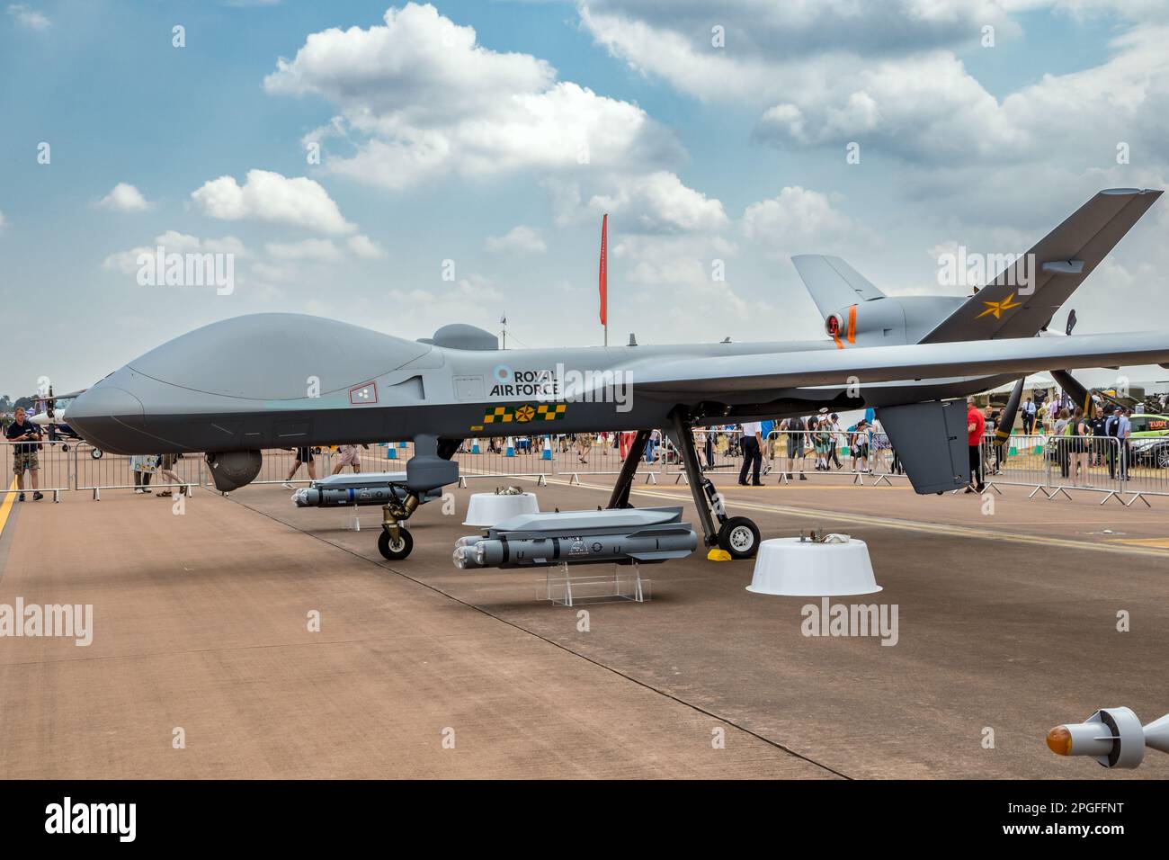RAF Protector RG Mk 1 (General Atomics MQ-9B Reaper) UAV drone on display at RAF Fairford air base. Fairford, UK - July 13, 2018 Stock Photo