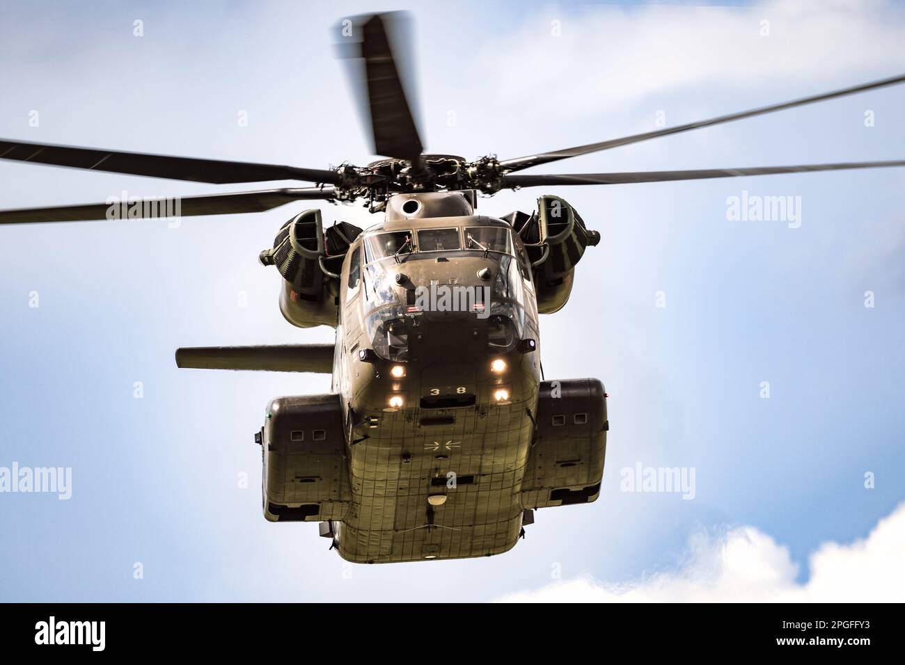 German Air Force Sikorsky CH-53 Stallion transport helicopter in flight over Fliegerhorst Jagel, Germany - June 13, 2019 Stock Photo