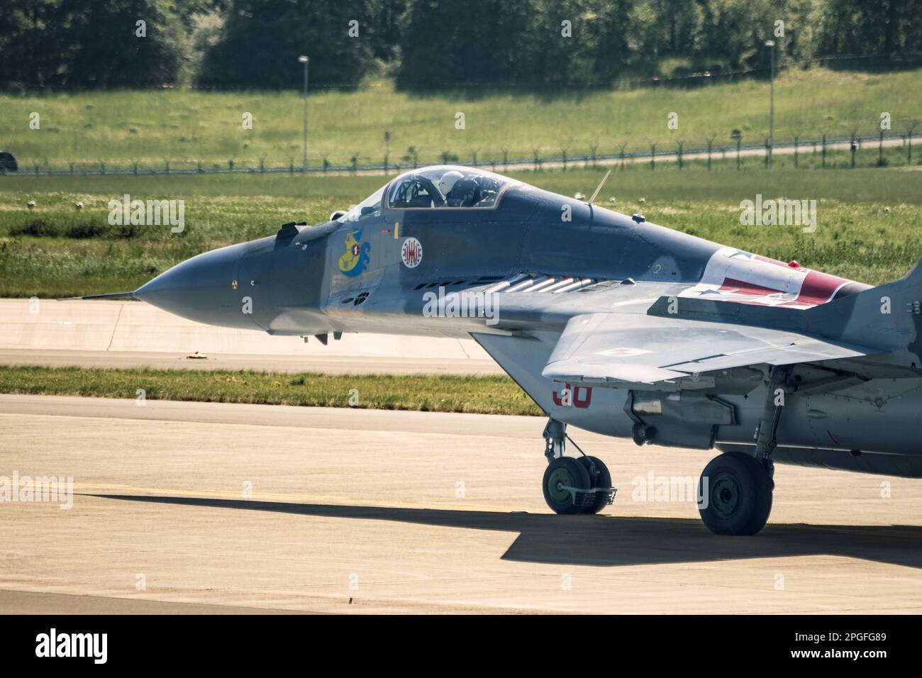Polish Air Force MiG-29 Fulcrum departing Berlin-SChonefeld Airport. Berlin, Germany - June 2, 2016 Stock Photo