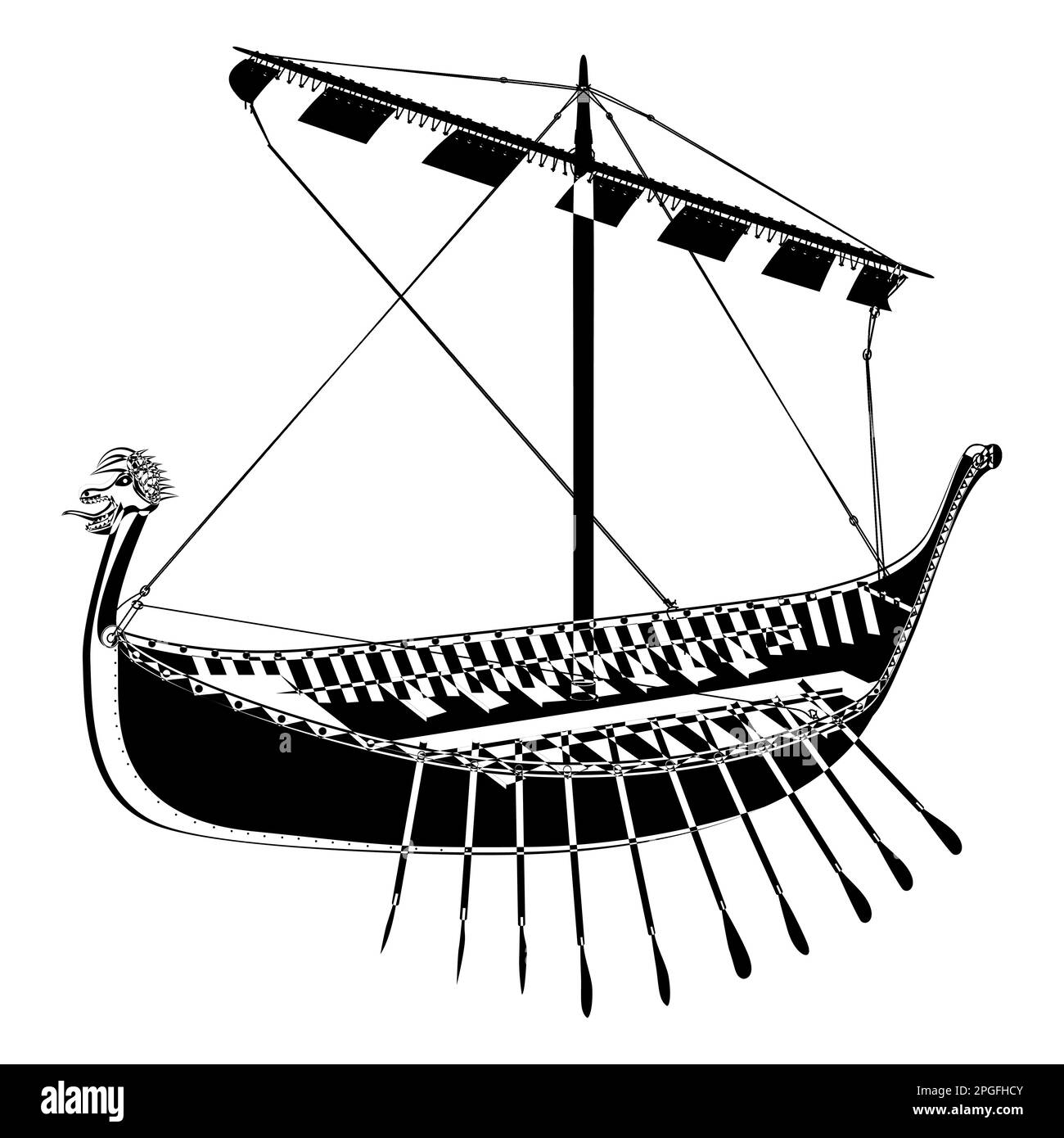 Drakkar. Viking rowing Ship in outline style. Norman ship sailing. Vector illustration isolated on white background. Stock Vector