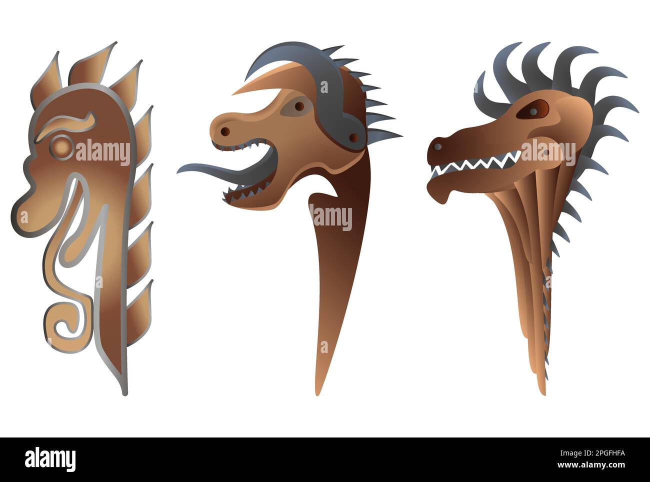 Dragon Head Set in realistic style. Wooden sculpture. Viking drakkar. Norway long boat. Colorful vector illustration isolated on white background. Stock Vector
