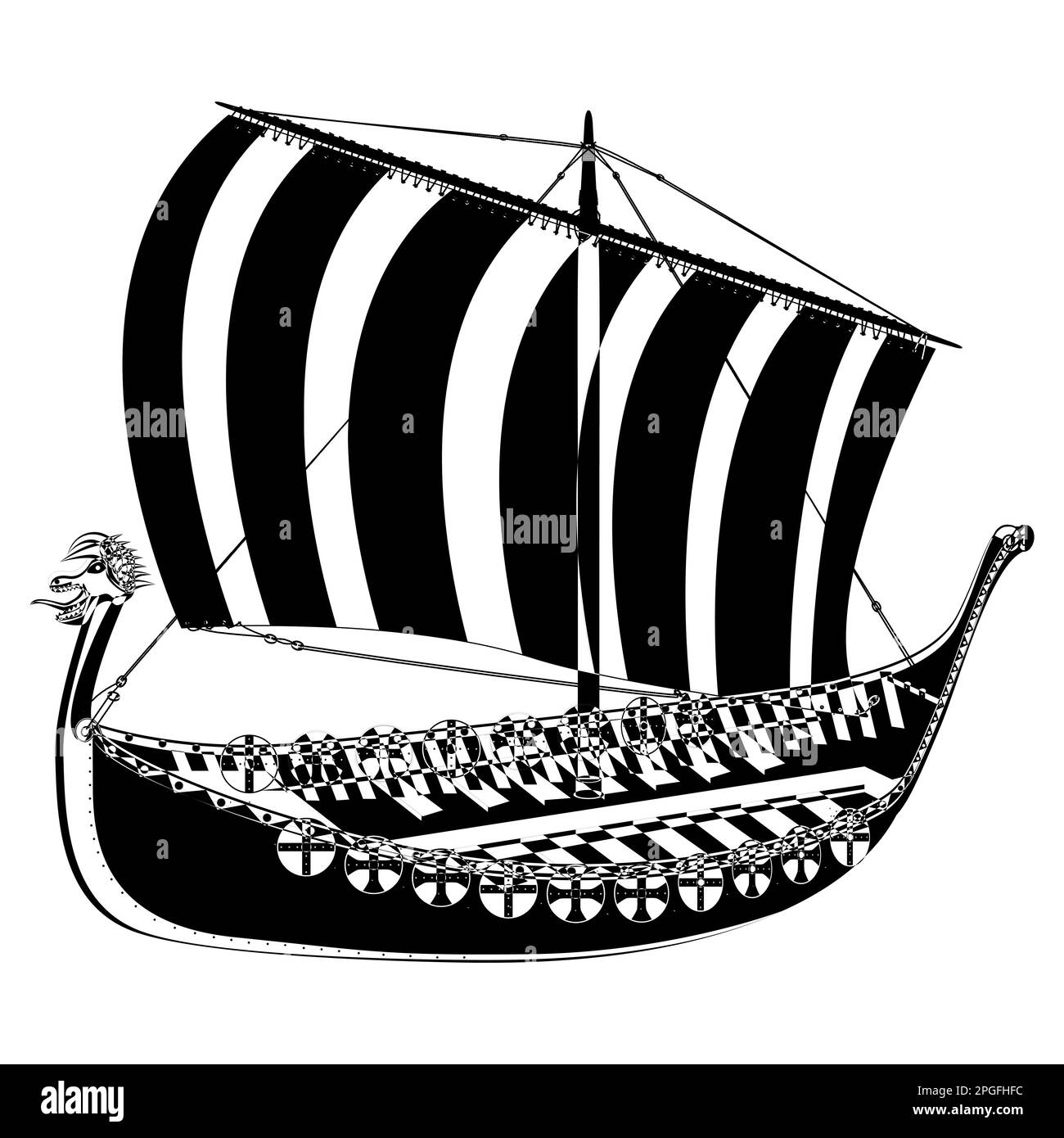 Viking scandinavian draccar in outline style. Norman ship sailing. Vector illustration isolated on white background. Stock Vector