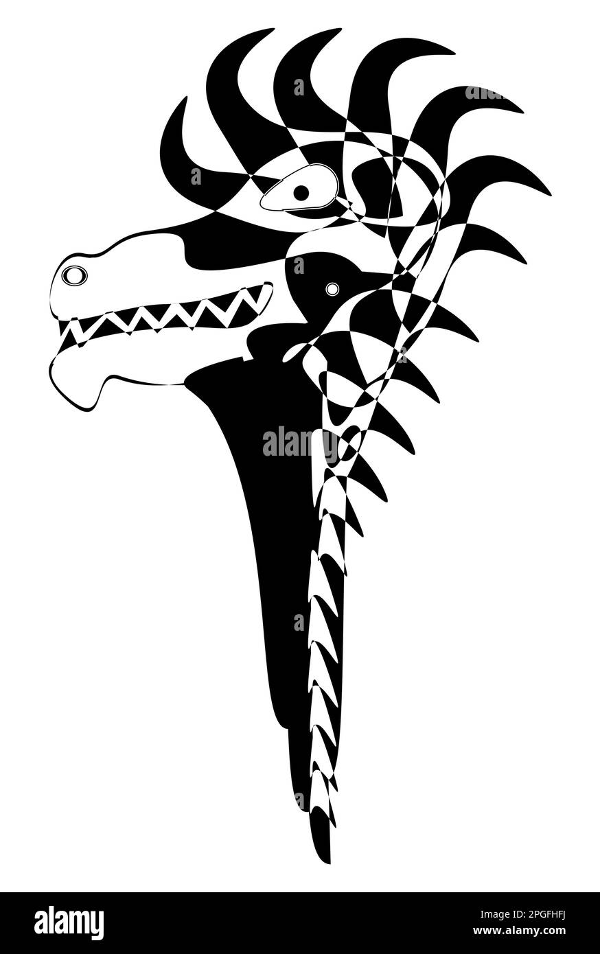 Dragon Head with Spikes in lineart. Wooden sculpture. Viking drakkar. Norway long boat. Vector illustration isolated on white background. Stock Vector