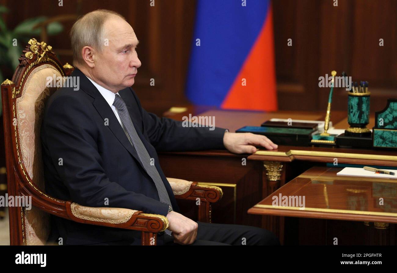 Moscow, Russia. 22nd Mar, 2023. Russian President Vladimir Putin holds a face-to-face meeting with United Russia party leader and member the State Duma security committee Vladimir Vasiliev at the Kremlin, March 22, 2023 in Moscow, Russia. Credit: Gavriil Grigorov/Kremlin Pool/Alamy Live News Stock Photo