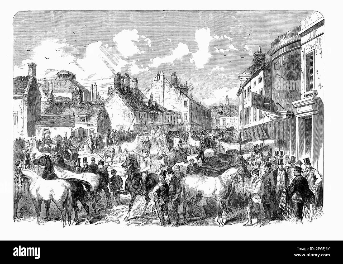 The 1864 annual Horse Fair at Horncastle, Lincolnshire, England. A charter was granted in 1229 to celebrate the Feast of St Lawrence, and by at least 1306, Lincolnshire was the leading horse breeding district in the county and almost every farmer bred horses to sell at the Horncastle Fair. Stock Photo