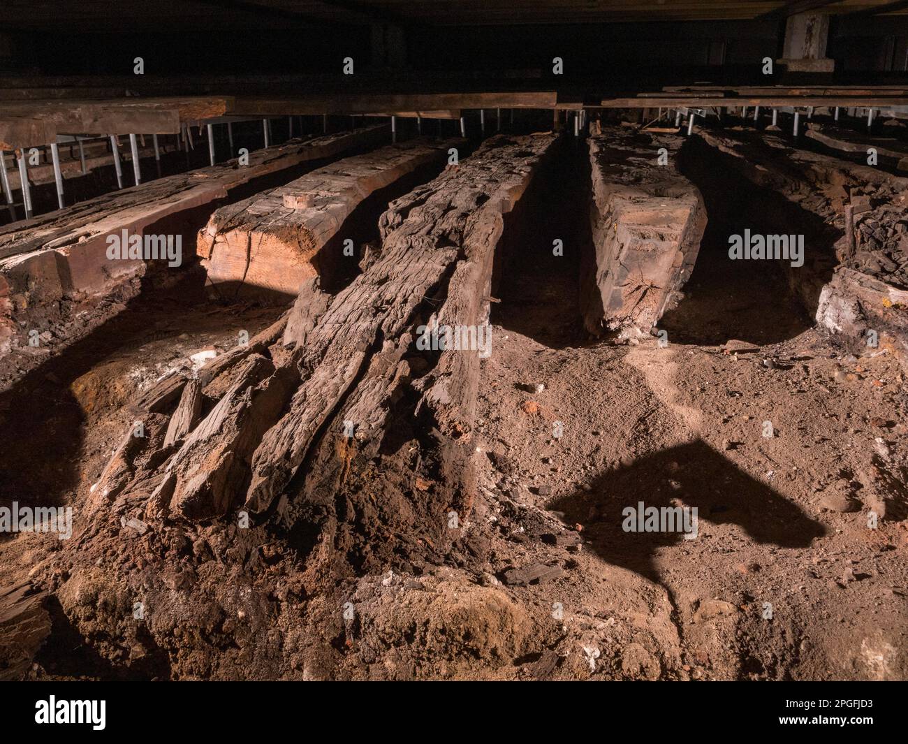 Timbers from HMS Namur (constructed 1756) discovered under the floor of the Dockyard in 1995, Historic Dockyard Chatham, Kent, UK. Stock Photo