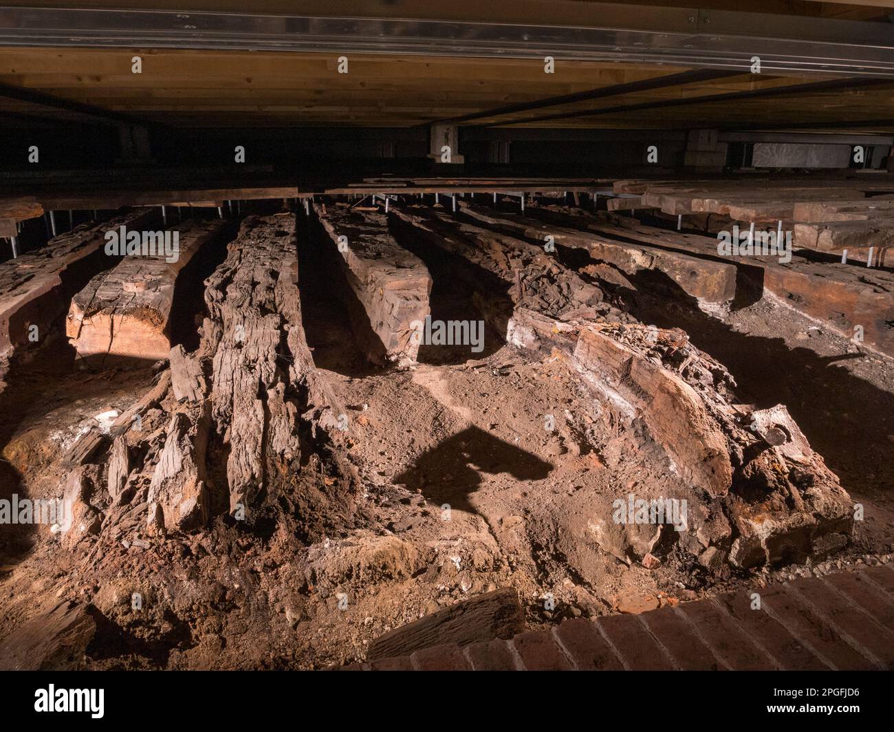 Timbers from HMS Namur (constructed 1756) discovered under the floor of the Dockyard in 1995, Historic Dockyard Chatham, Kent, UK. Stock Photo