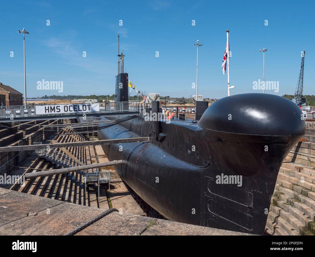 Exterior view of the submarine HMS Ocelot in the Historic Dockyard