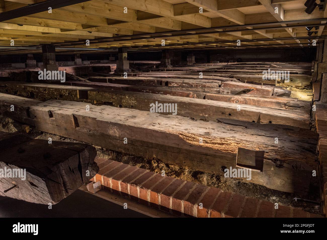 Timbers from HMS Namur (constructed 1756) discovered under the floor of the Dockyard in 1995, Historic Dockyard Chatham, Kent, UK. Stock Photo