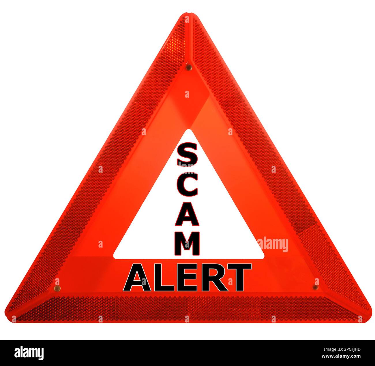 A red reflective caution triangle indicating SCAM ALERT. Can suggest risk of a deceptive scheme to get money from unsuspecting or gullible victims. Stock Photo