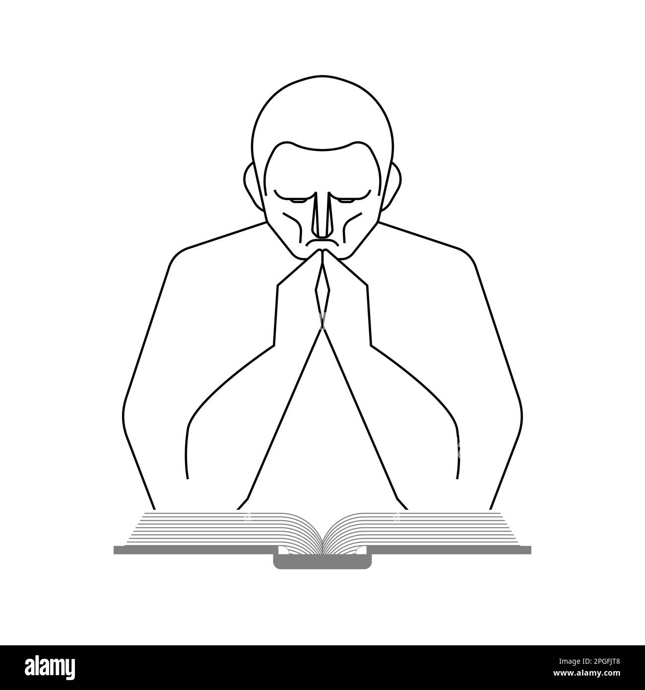 Man prays in front of book. Man's prayer before the bible Stock Vector