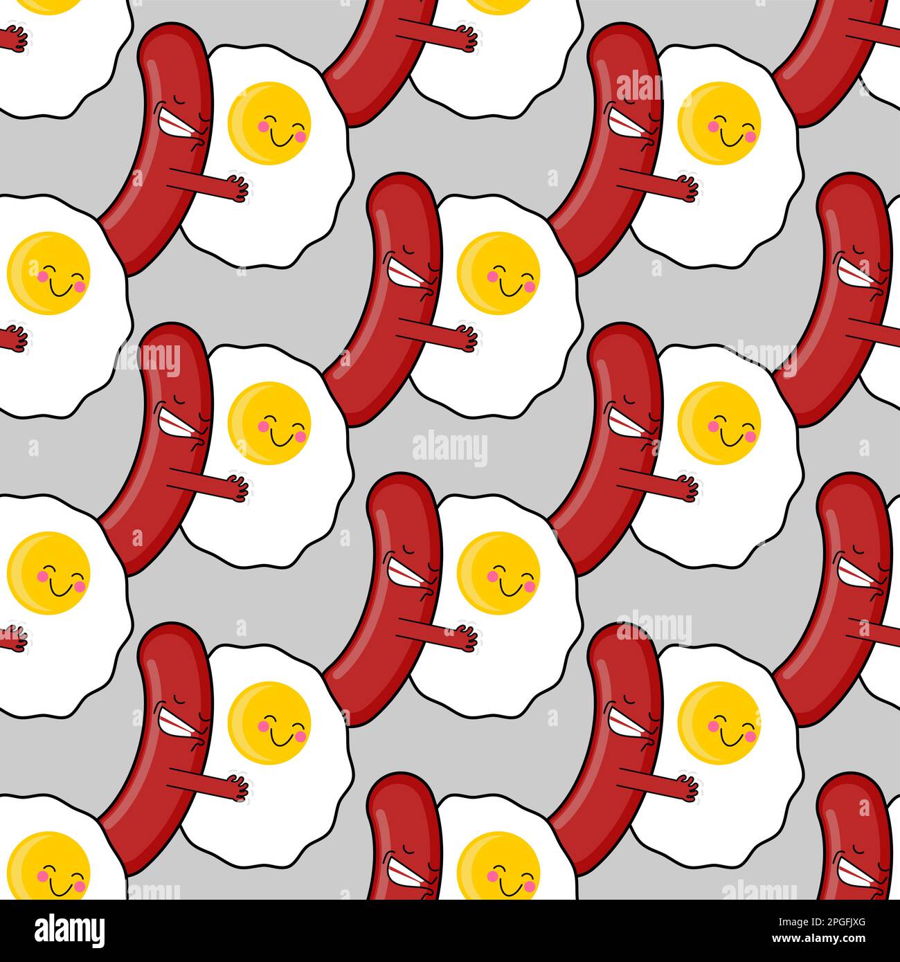 Egg and sausage love pattern seamless. Fried egg and bacon background. breakfast texture Stock Vector
