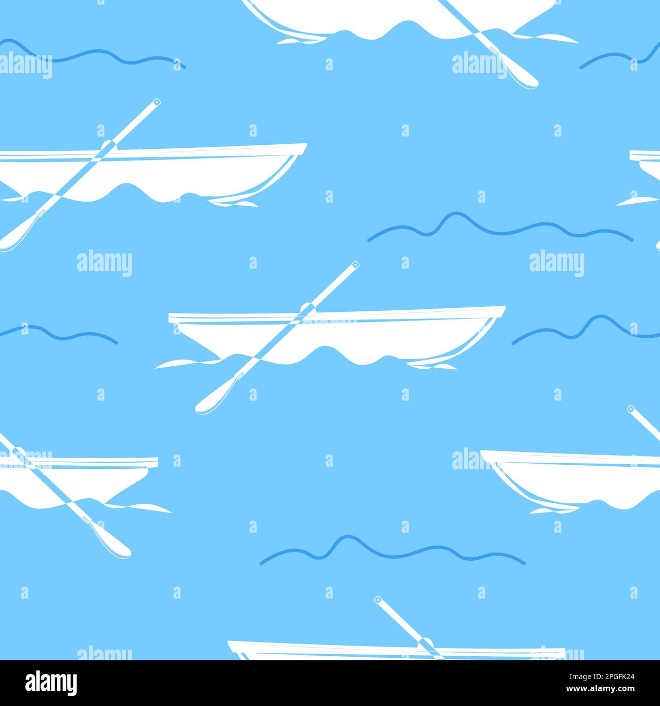 Boat and oars crossed in outline style. Seamless pattern. Sea texture. Printable design. Wallpaper element. Random square pattern. Stock Vector