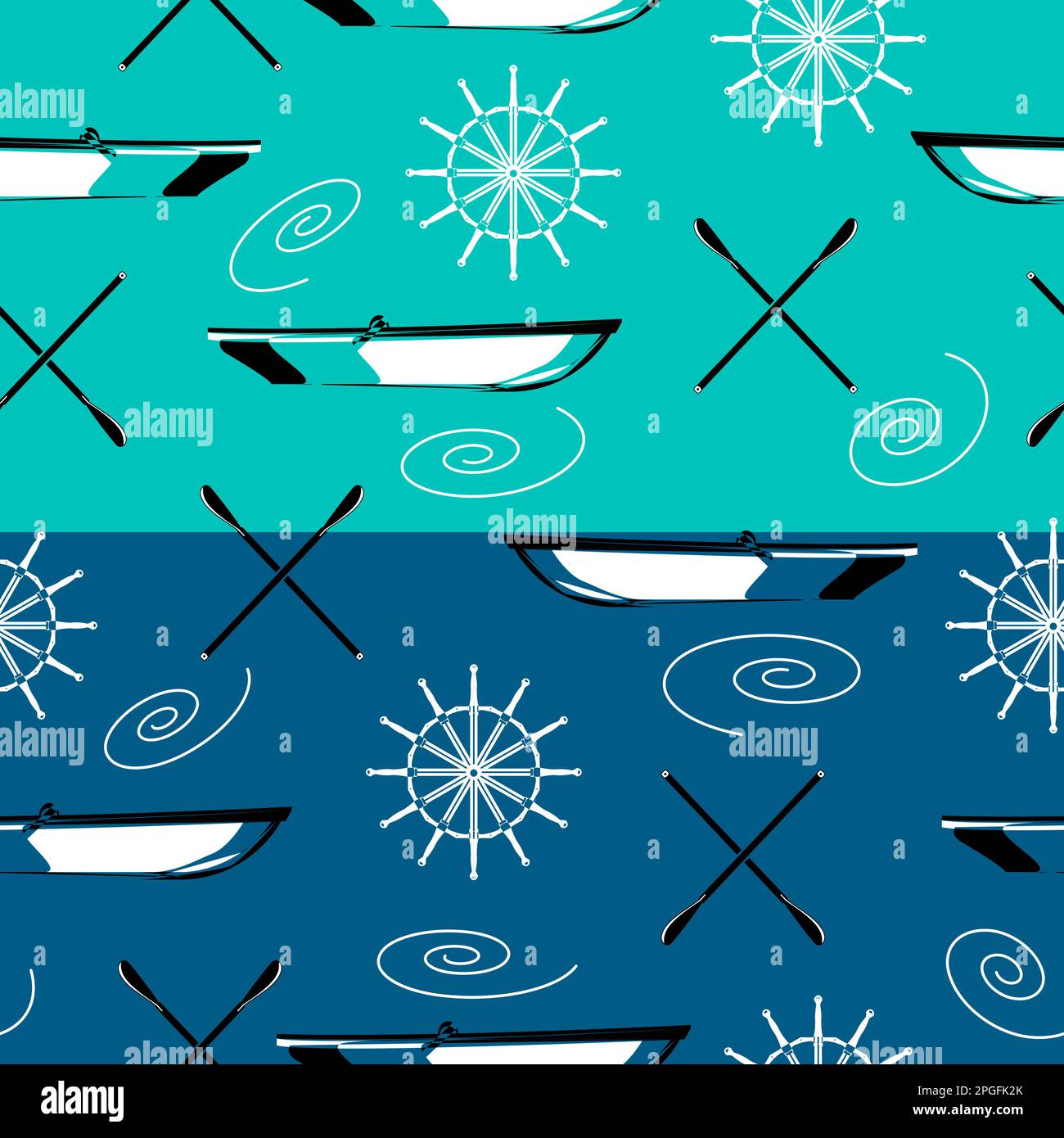 Boat, oars and steerling wheel in outline style. Seamless pattern. Sea texture. Printable design. Wallpaper element. Random square pattern. Stock Vector