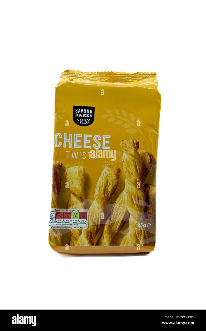 Irvine, Scotland, UKMarch 12, 2023 Aldi branded Savour bakes cheese bread sticks displaying
